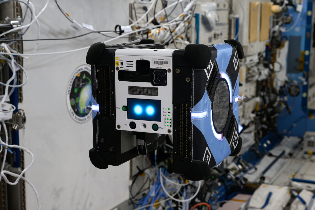 NASA's Astrobee aboard the International Space Station (2024), illustrating free-flying space robotics; this is not Icarus's JOY robot.