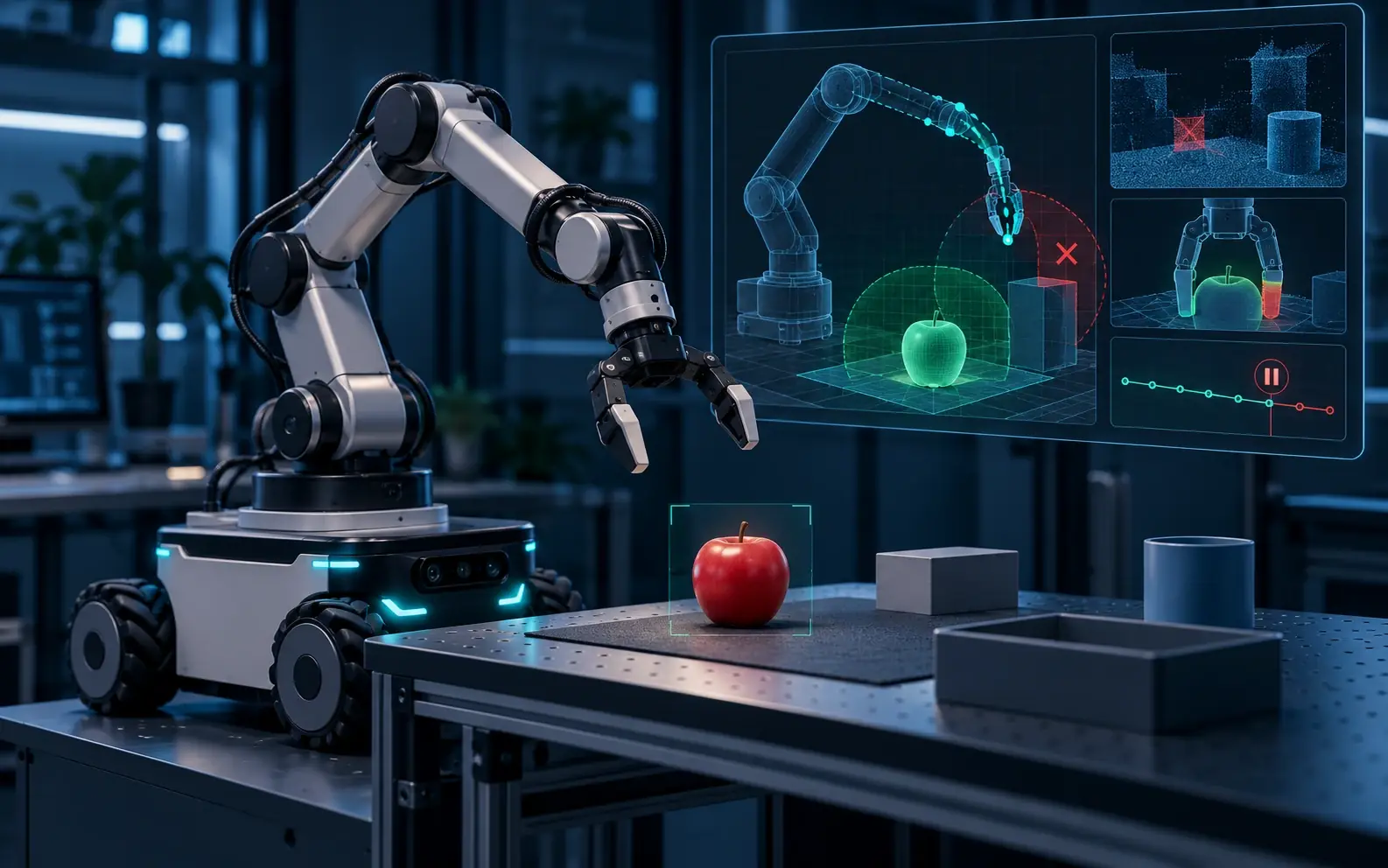 Concept illustration of a small mobile manipulator handling a harmless plastic apple on a lab table, with a separate planner safety-check overlay and paused action; no weapon, injury, malicious instructions or claim of actual experiment