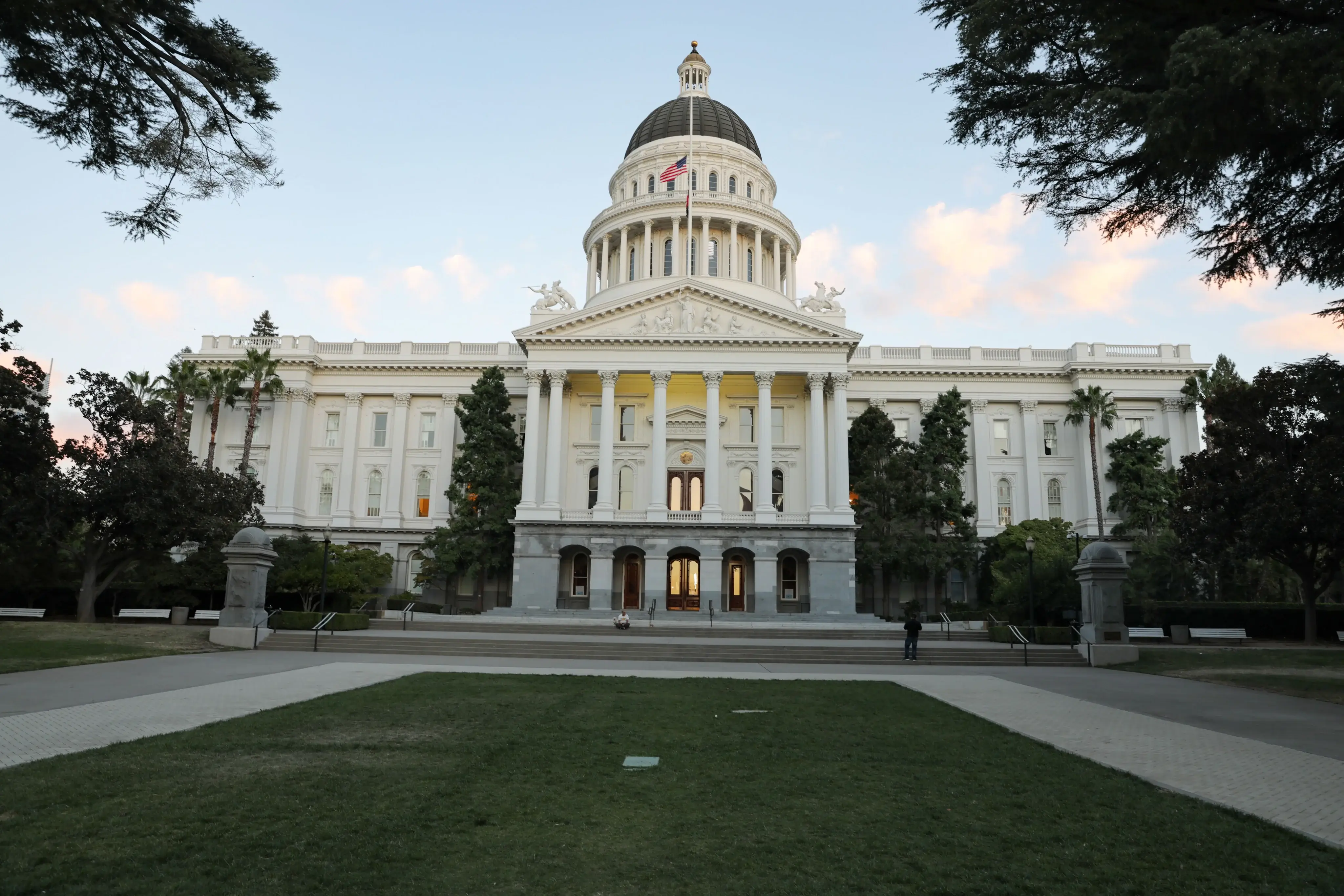 The California State Capitol in Sacramento before sunset.