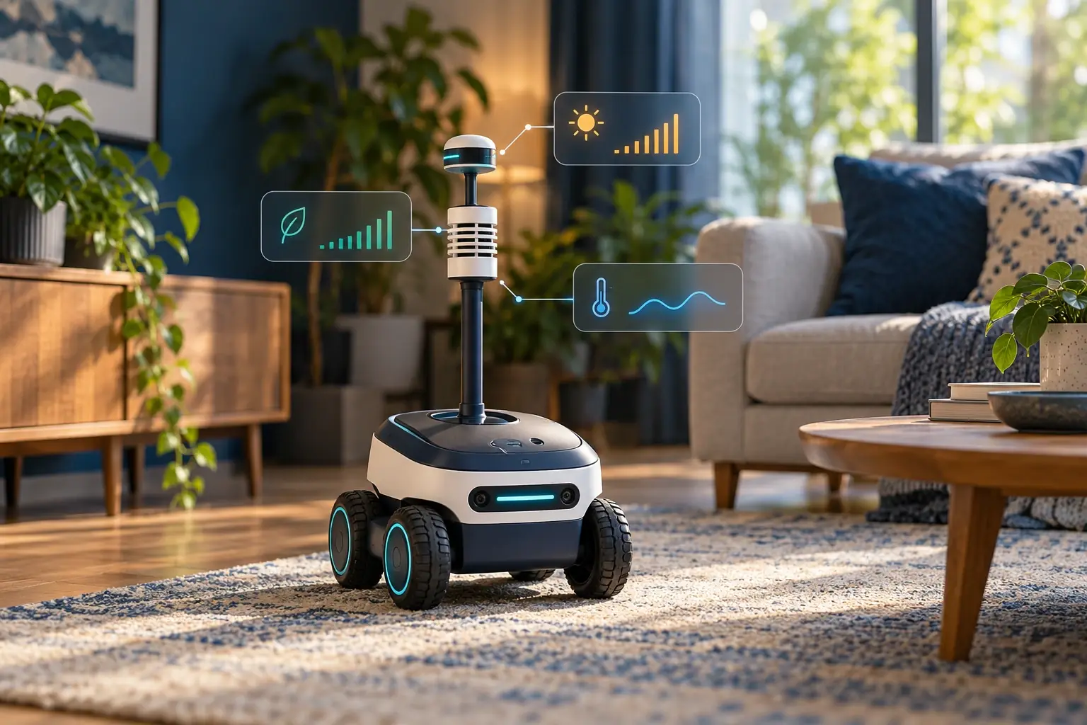 Concept illustration of a compact wheeled indoor environmental-sensing robot with a small sensor mast measuring light, air quality and temperature in a normal living room; small unobtrusive graphical readings, no claim of a CMU field deployment