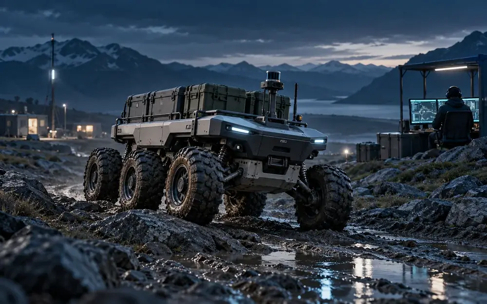 Concept illustration of an unarmed six-wheel autonomous resupply rover carrying closed cargo crates on a rough test track, supervised by a distant operator; avoid logos and claims that this is TAROS or a real mission