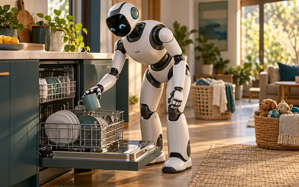 A fictional service humanoid placing a cup into a dishwasher in a home.