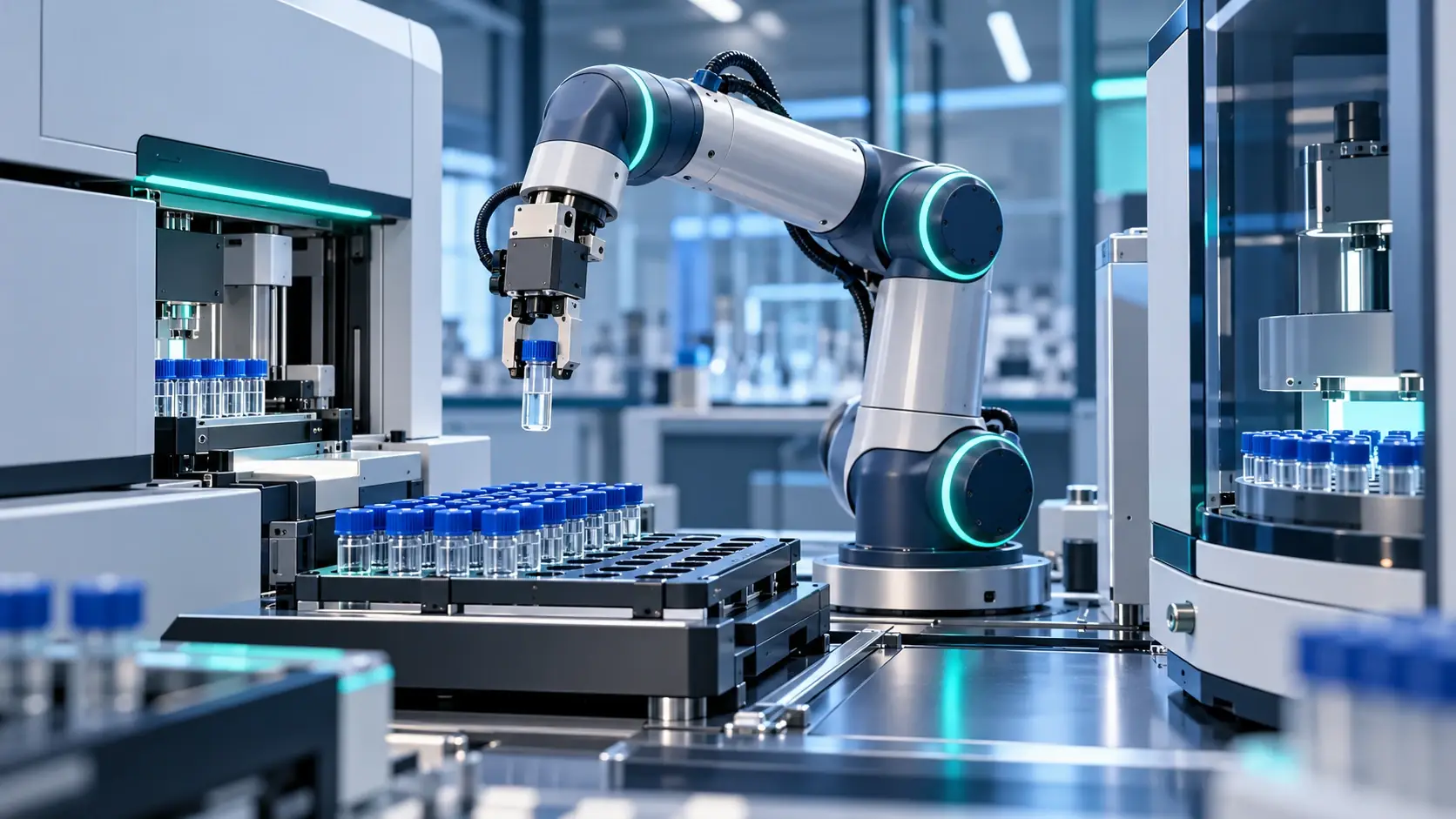 Concept illustration of a robotic sample-handling arm moving small capped vials between laboratory instruments and a tray, in a modern research lab; clearly planned research infrastructure, no claim of four completed testbeds