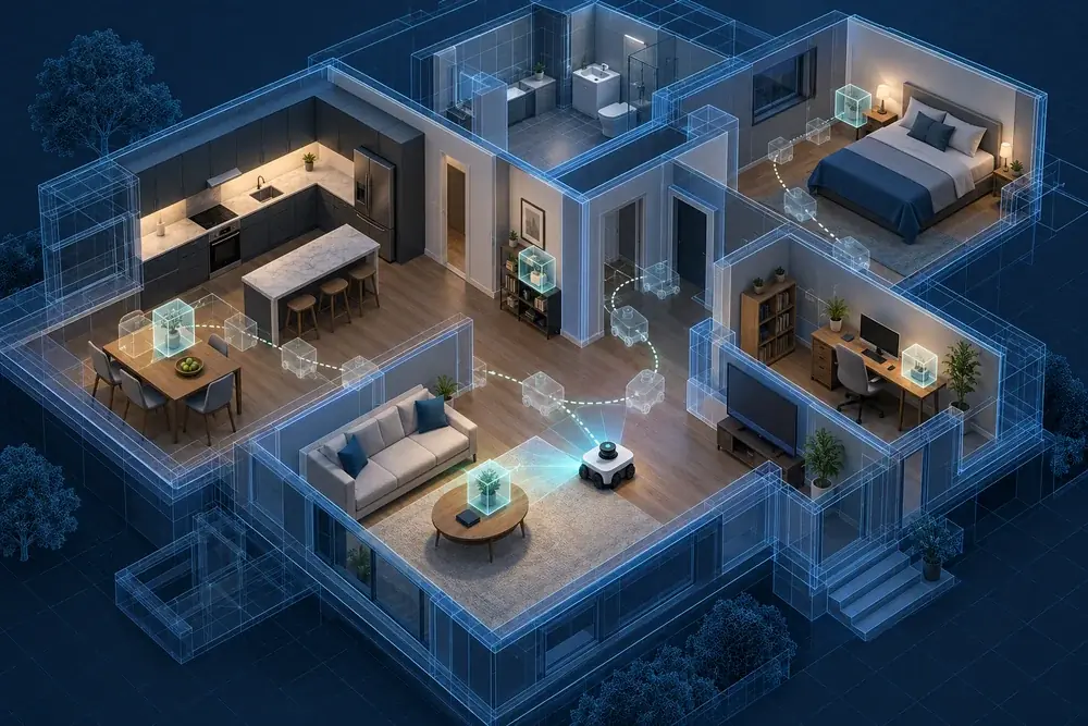 Concept illustration of a cutaway virtual home with several rooms, a small mobile robot, translucent earlier object positions and a subtle sequence of remembered locations; clearly a simulated environment, no false benchmark screenshot