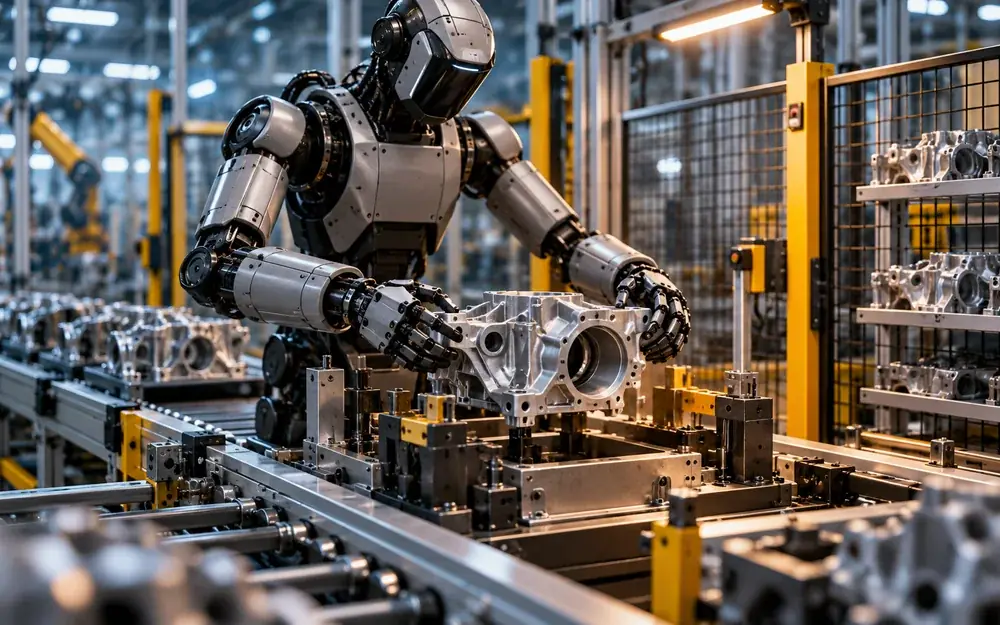 A fictional industrial humanoid positioning a metal component at an automotive workstation.