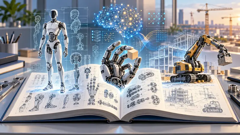 Editorial illustration of an open robotics engineering handbook surrounded by a humanoid, robotic hand, AI network, and construction robot.