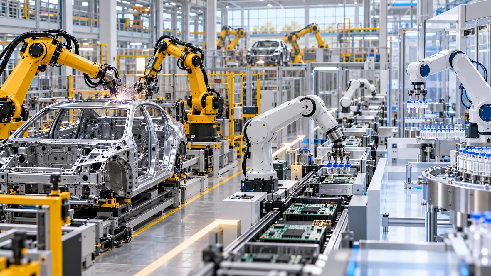 Editorial illustration of industrial robots working in automotive, electronics, and life-sciences production cells.