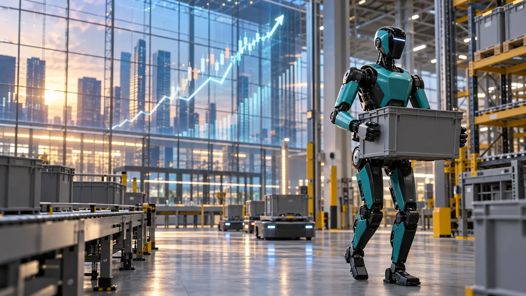 Editorial illustration of a generic industrial humanoid carrying a tote in a warehouse with abstract market graphics in the background.