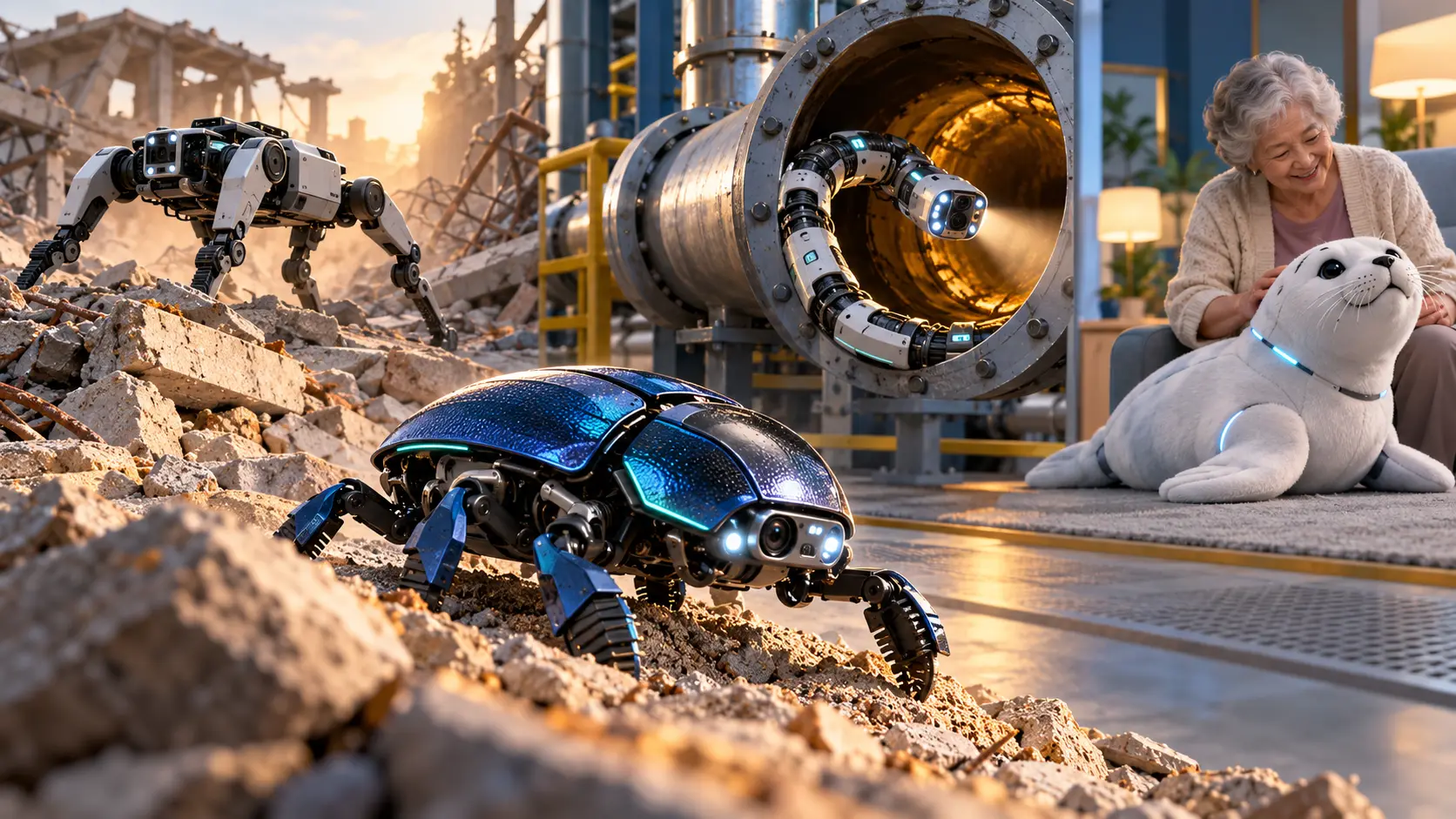 Editorial illustration of beetle, snake, quadruped, and seal-inspired robots serving inspection, response, and companionship roles.