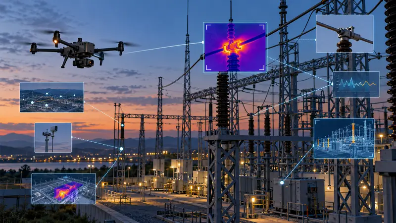 Editorial illustration of an autonomous inspection drone linking thermal and sensor findings across an electrical substation.