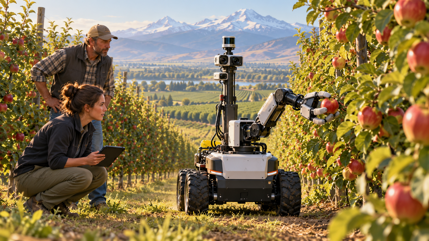 Illustration of an orchard research robot testing apple picking while a grower and engineer observe in Washington State.