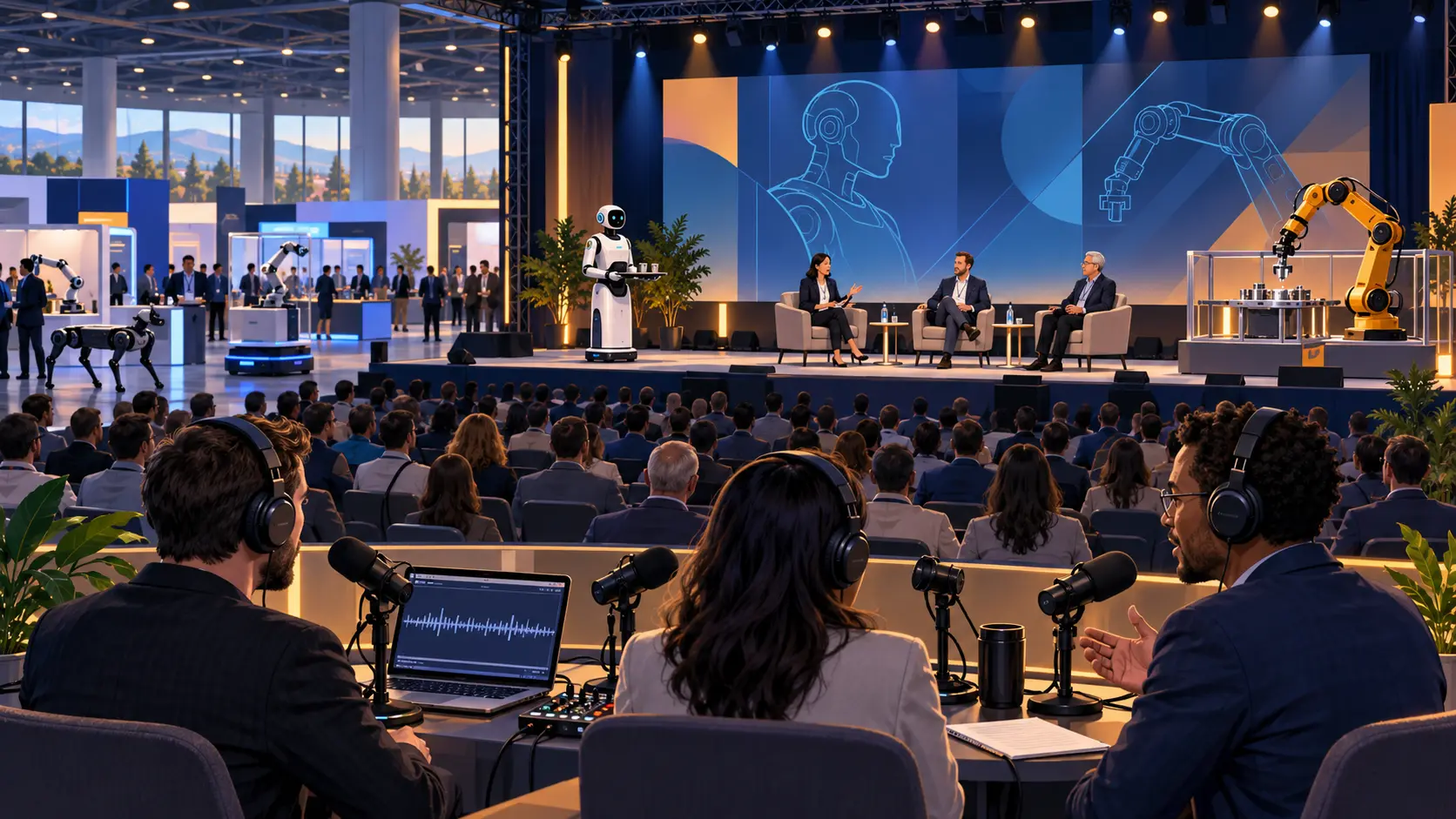 Editorial illustration of a robotics conference panel, expo floor, and podcast team recording a recap.