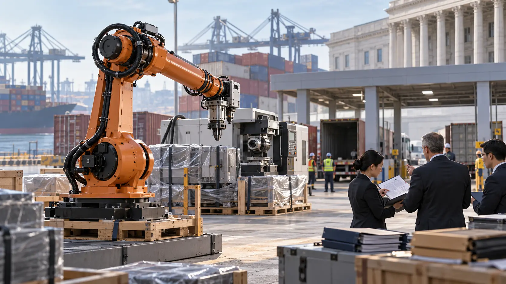 Editorial illustration of an imported industrial robot and machine-tool equipment undergoing inspection at a U.S. port.