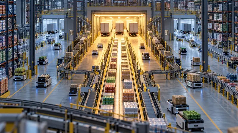 Editorial illustration of a highly automated warehouse whose main flow leads toward one large shipping corridor.
