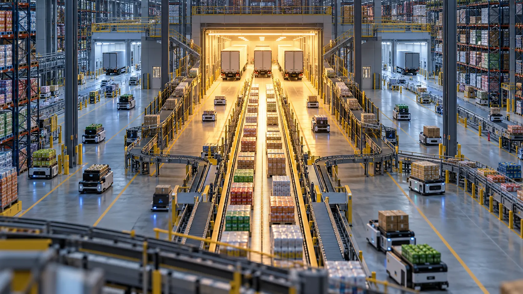 Editorial illustration of a highly automated warehouse whose main flow leads toward one large shipping corridor.