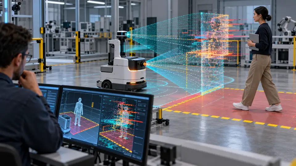 Editorial illustration of a mobile robot receiving distorted sensor data as a person approaches its safety zone.