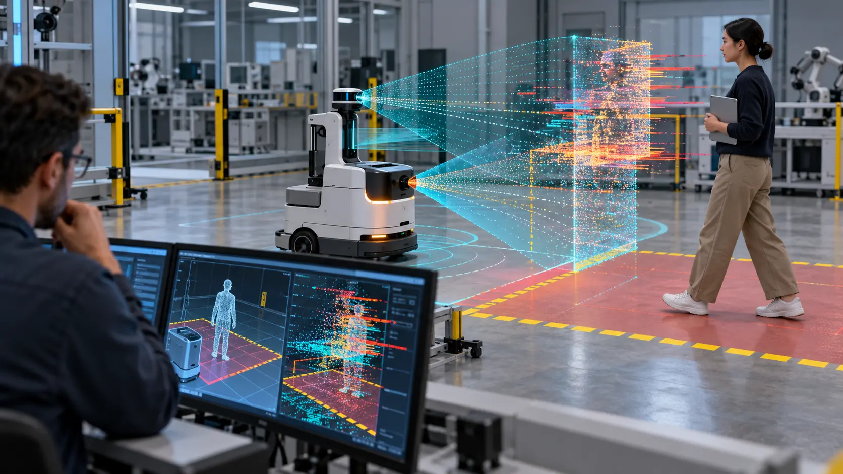 Editorial illustration of a mobile robot receiving distorted sensor data as a person approaches its safety zone.