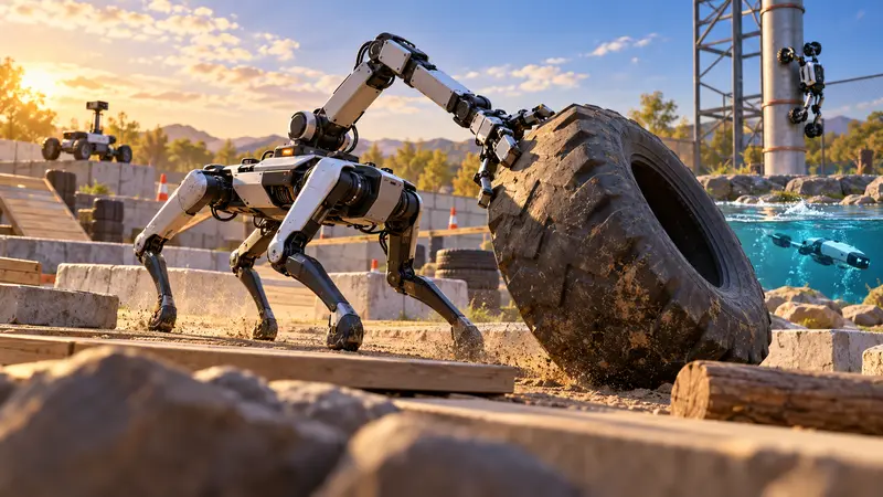 Editorial illustration of a quadruped robot using its arm and body to move a large tire on an outdoor robotics test course.