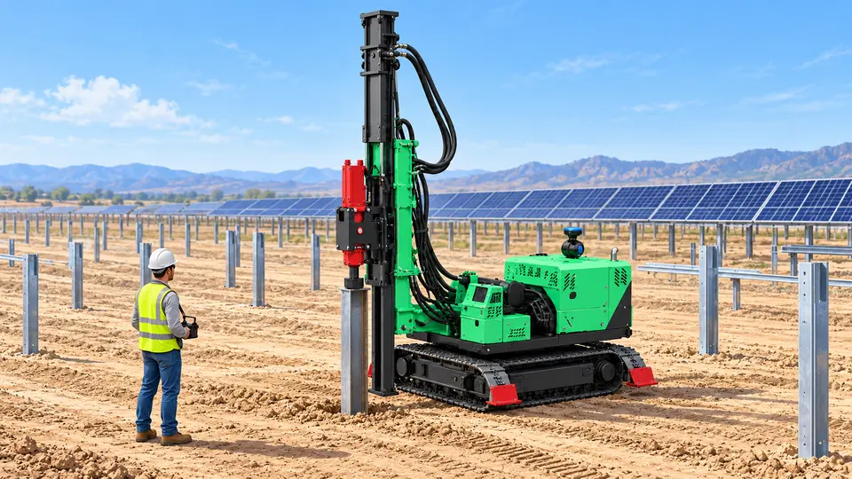 Illustration of a tracked autonomous pile-driving machine installing a steel post at a utility-scale solar construction site.