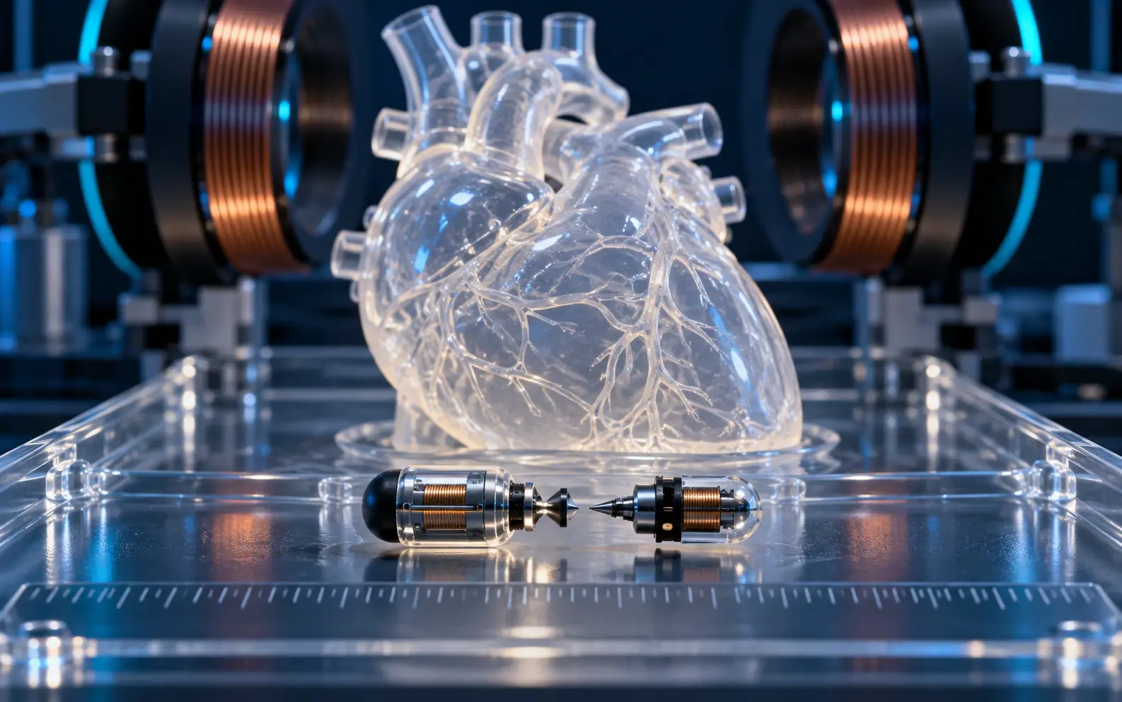Paired miniature magnetic robot concepts beside a transparent heart phantom on a laboratory bench.