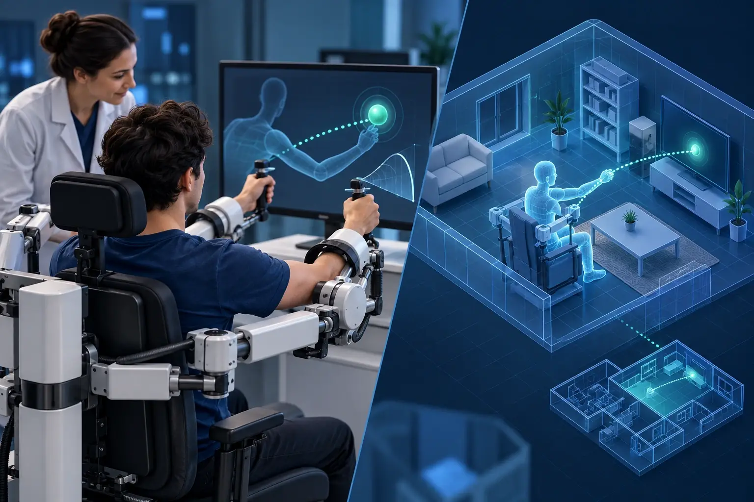Concept illustration of a seated adult in a research lab gently holding compliant robotic handles during an arm-reaching exercise, an investigator nearby and force-feedback shown subtly; no clinical recovery claim or claimed MIT experiment photograph