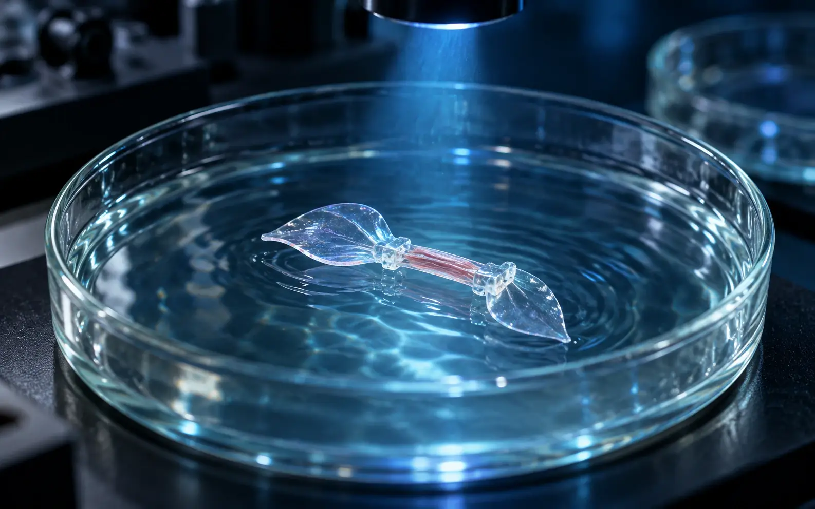 A translucent two-fin muscle-powered swimmer concept in a blue-lit laboratory dish.