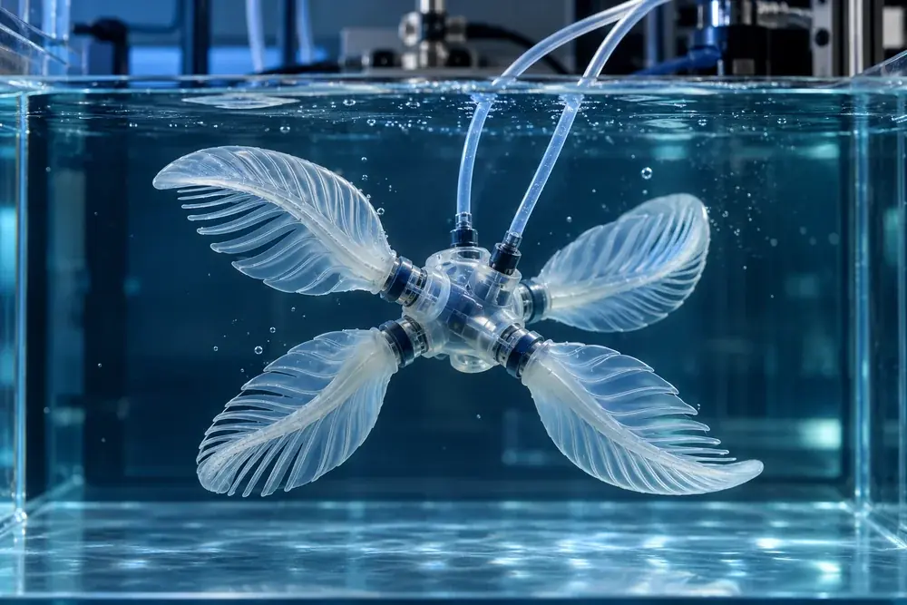 Conceptual experimental soft underwater robot in a clear laboratory watertank, compact central hub with four flexible featherlike wings radially arranged, two pneumatic tubes visibly leading to lab equipment above tank