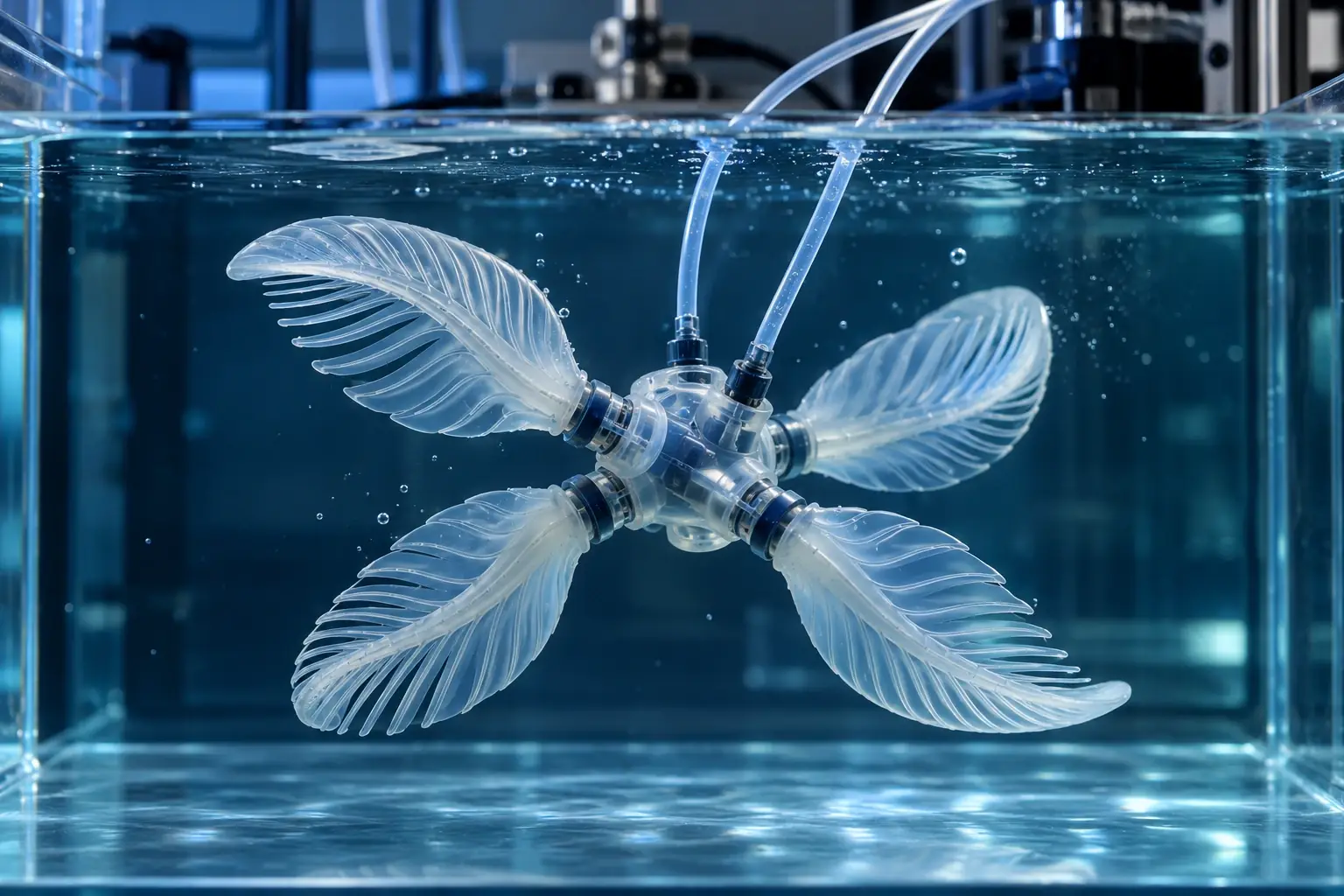 Conceptual experimental soft underwater robot in a clear laboratory watertank, compact central hub with four flexible featherlike wings radially arranged, two pneumatic tubes visibly leading to lab equipment above tank