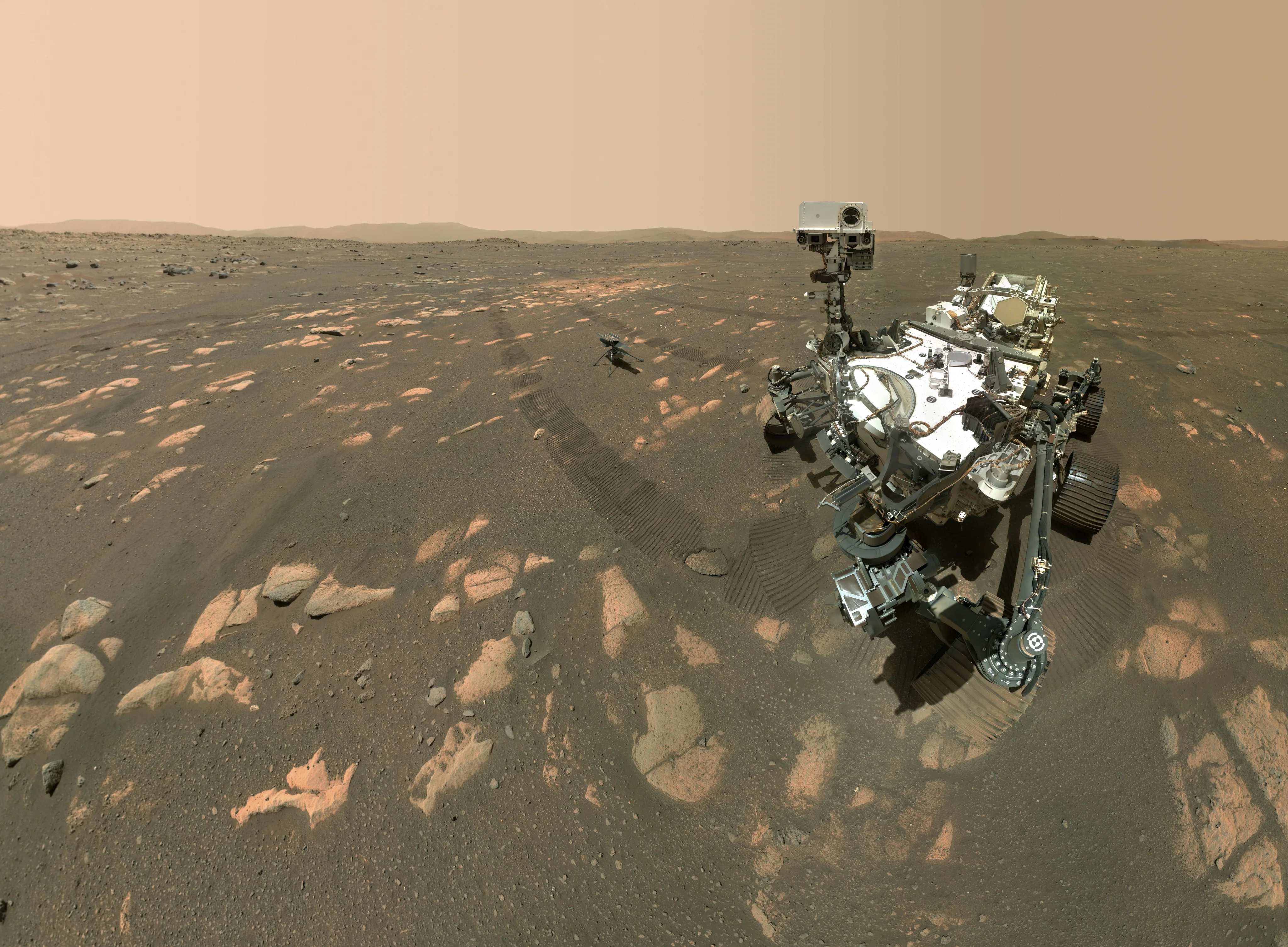 NASA Perseverance rover with the Ingenuity helicopter on the surface of Mars