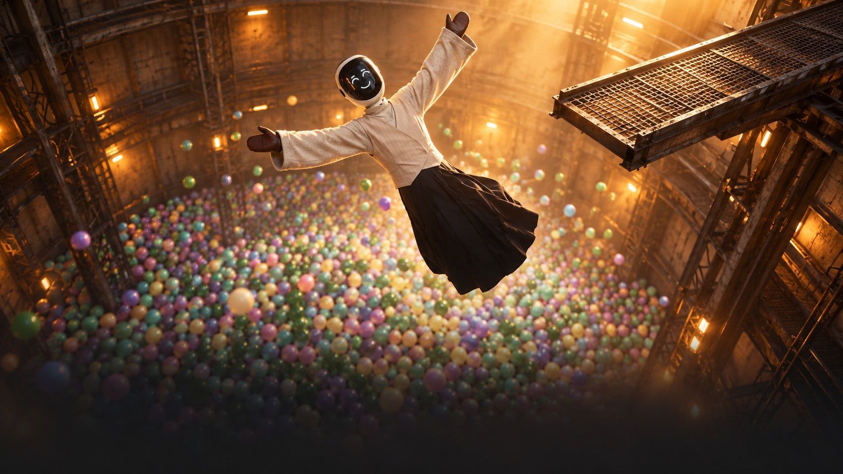 AI-generated illustration of a smiling humanoid robot in a robe falling toward a colorful ball pit.