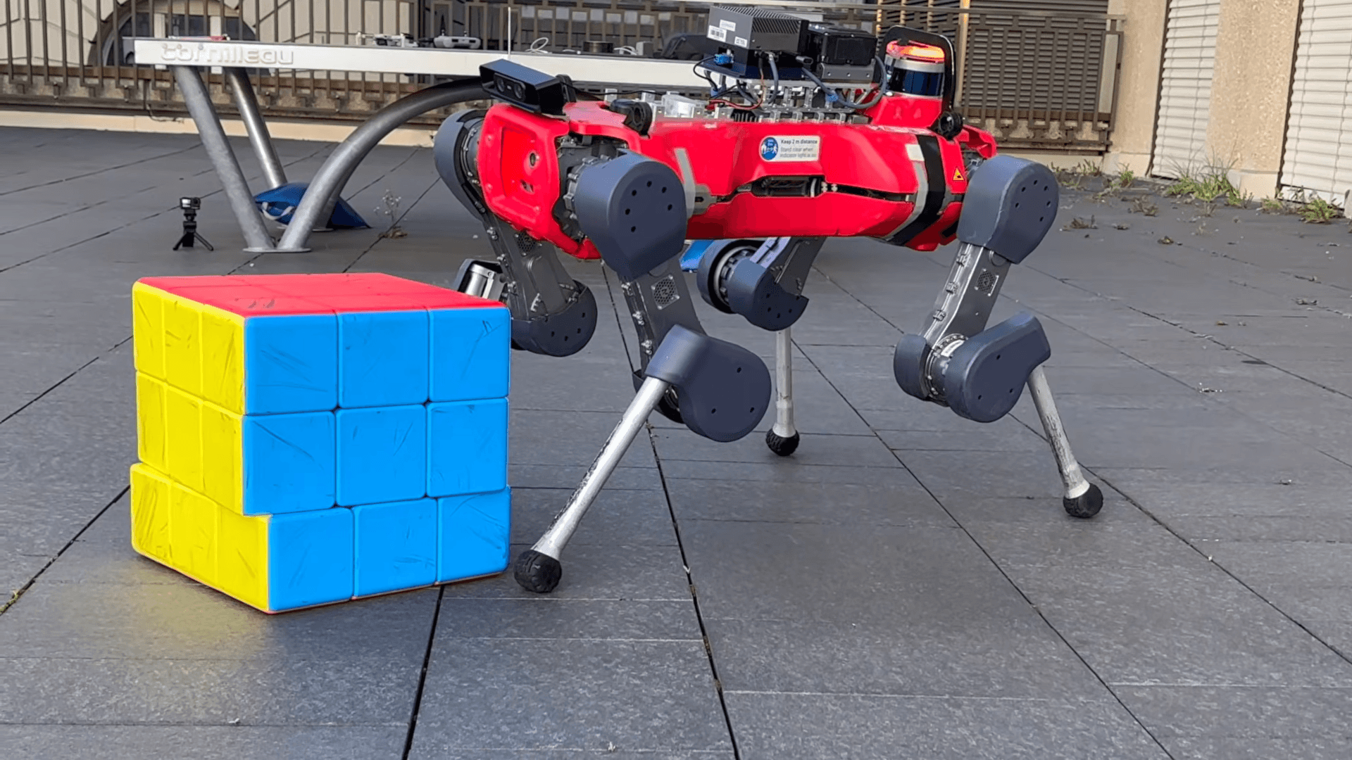Red ETH Zurich quadruped stands beside a giant Rubik’s Cube.