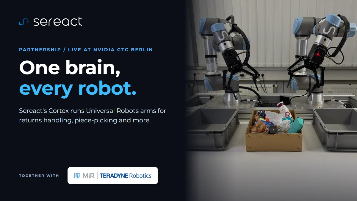 Sereact and Universal Robots dual-arm returns-handling setup with the partnership announcement graphic.