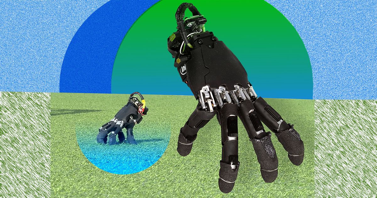 ETH Zurich walking robotic hand shown standing on its fingertips.
