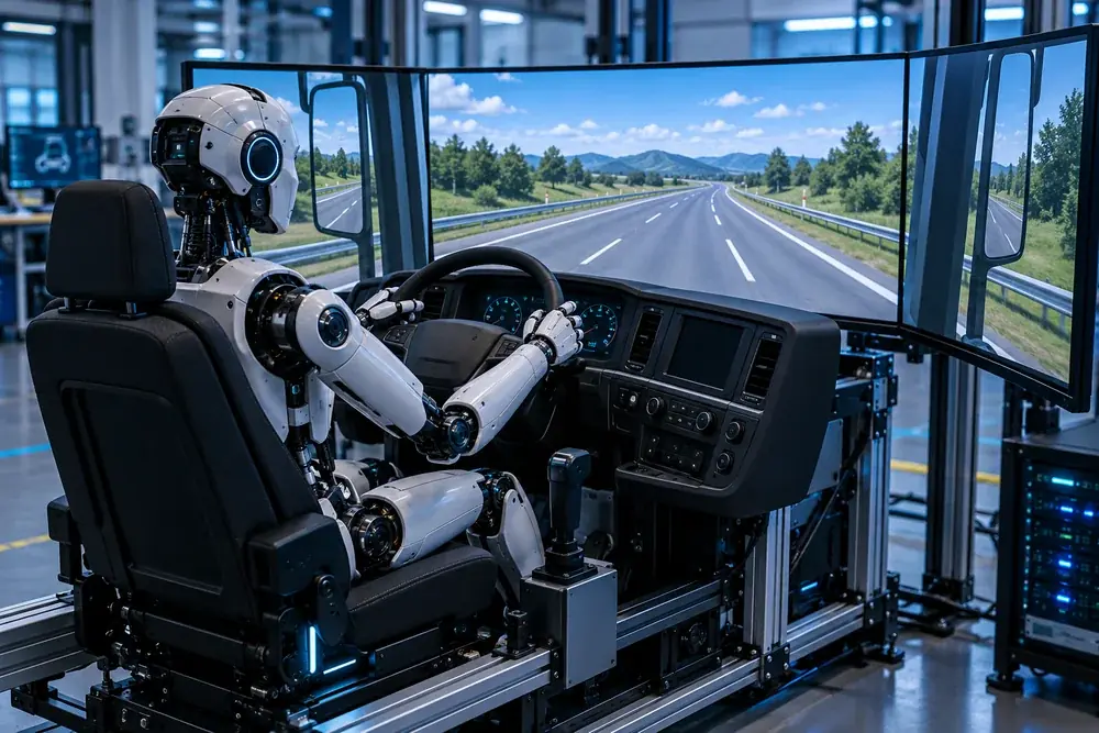 Conceptual humanoid robot seated inside a stationary truck-driving simulator cockpit in a research laboratory, hands gently on steeringwheel, simulated road displayed on wide screens, industrial technical view