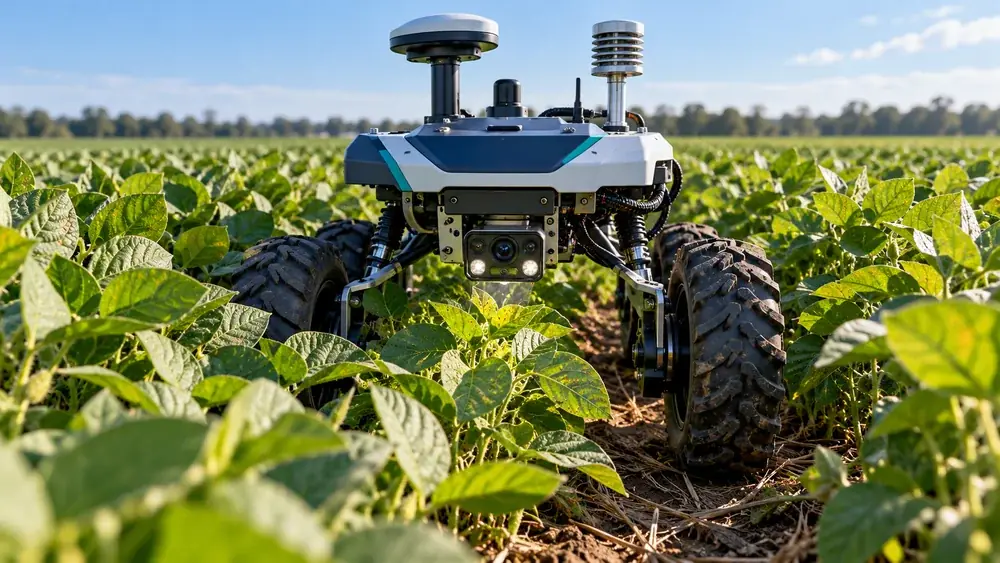 Conceptual small fourwheel agricultural research rover moving between soybean crop rows, close-up downward-facing camera and environmental sensors inspecting green leaves with a few naturally mottled spots