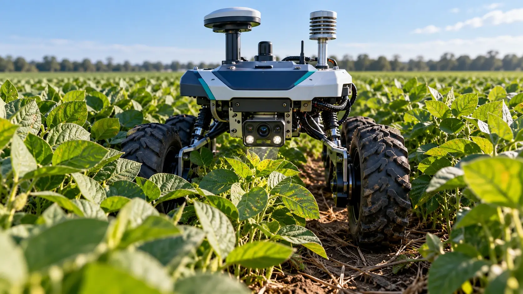 Conceptual small fourwheel agricultural research rover moving between soybean crop rows, close-up downward-facing camera and environmental sensors inspecting green leaves with a few naturally mottled spots