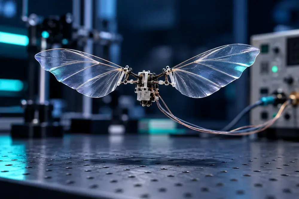 A tethered flexible-wing microrobot concept hovering above a laboratory bench.