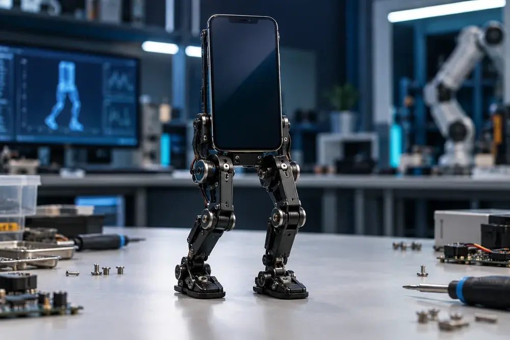 A smartphone mounted above two small articulated robot legs on a lab table.