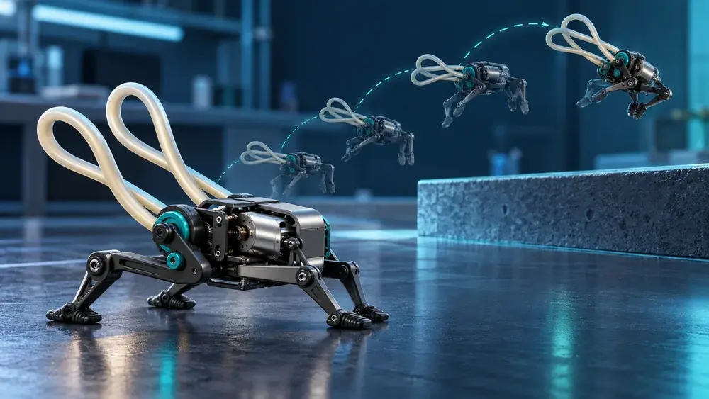 Concept scientific illustration of an11cm-scale frog-like robot with paired elastic rods twisted into loops at the rear, small motor winding the rods and a faint sequential arc showing a hop over a low lab step; avoid a biological frog, no claim of actual prototype