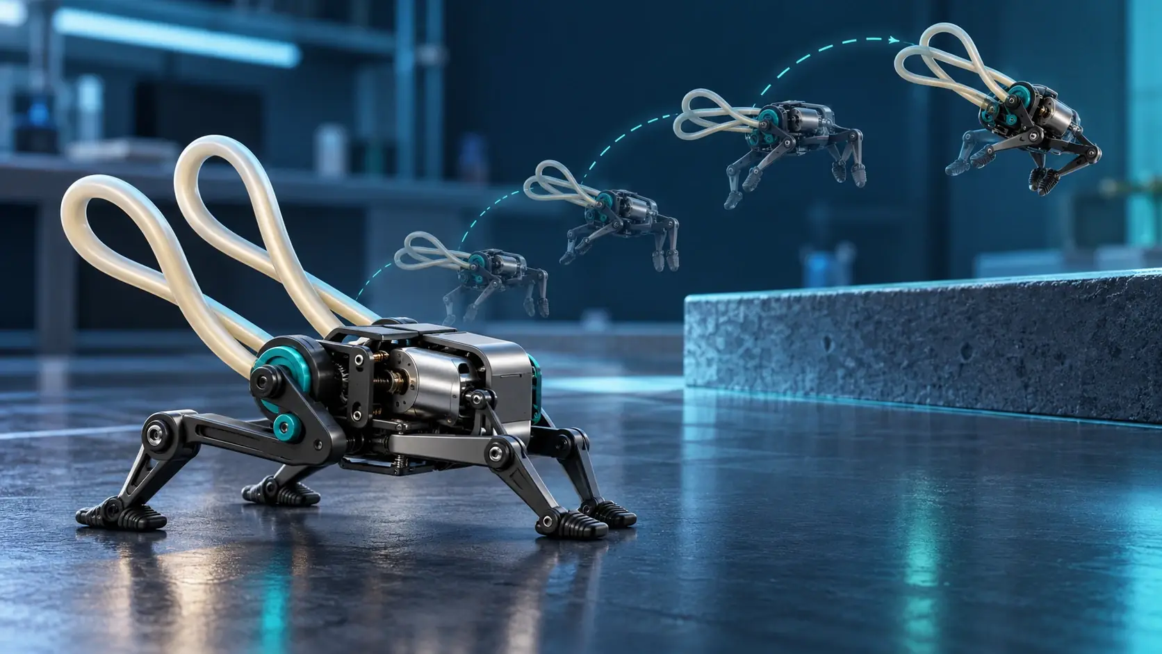 Concept scientific illustration of an11cm-scale frog-like robot with paired elastic rods twisted into loops at the rear, small motor winding the rods and a faint sequential arc showing a hop over a low lab step; avoid a biological frog, no claim of actual prototype