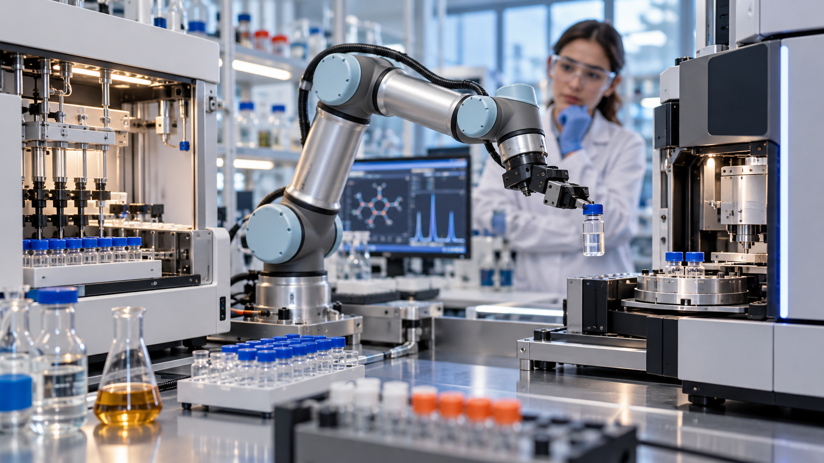 Illustration of a robotic arm handling a sample vial in a chemistry laboratory.