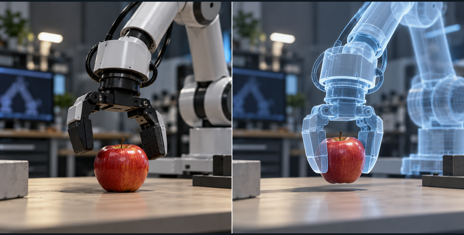 Illustration comparing a robot gripper missing an apple with a model prediction of a successful grasp.